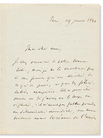 (MEDICINE.) BROCA, PAUL. Autograph Letter Signed, PBroca, to My dear friend, in French,